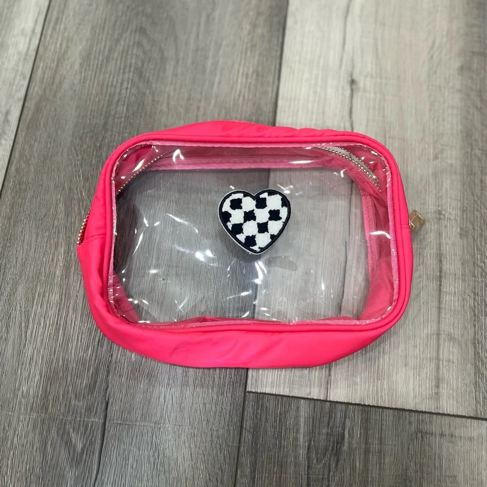 Pink Clear Cosmetic Bag with Smiley Patch